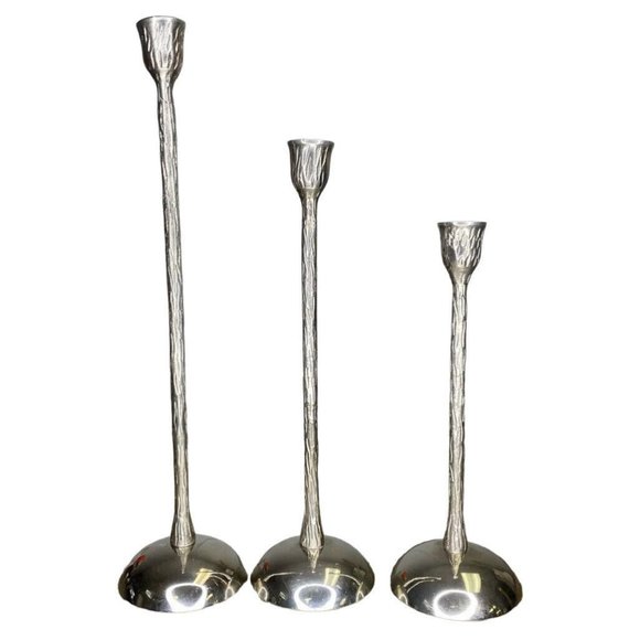 Tall Silver Candlestick‎ Holders Set 3 Graduated Textured Holders Tree Bark - Picture 1 of 8
